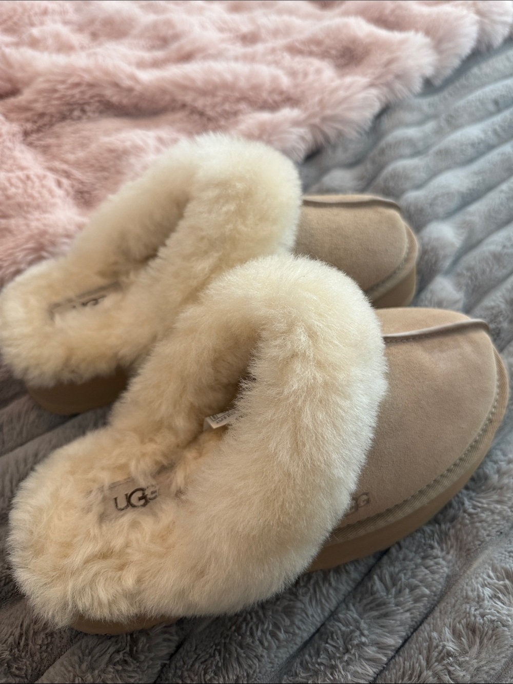 UGG Cozy Sheepskin Mule Slippers in Chestnut and Cream